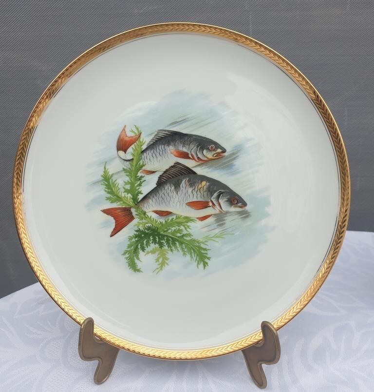 Set 12 plates porcelain fish edge laurel gold Bernardaud