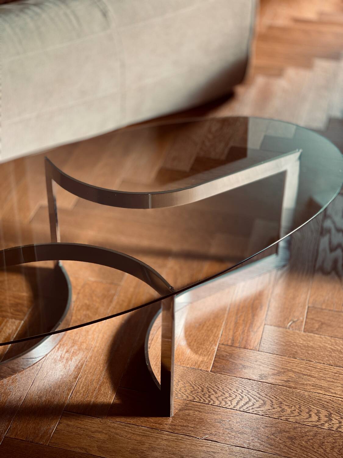 Paul Legeard coffee table with smoked glass and vintage chrome from the 1970s.