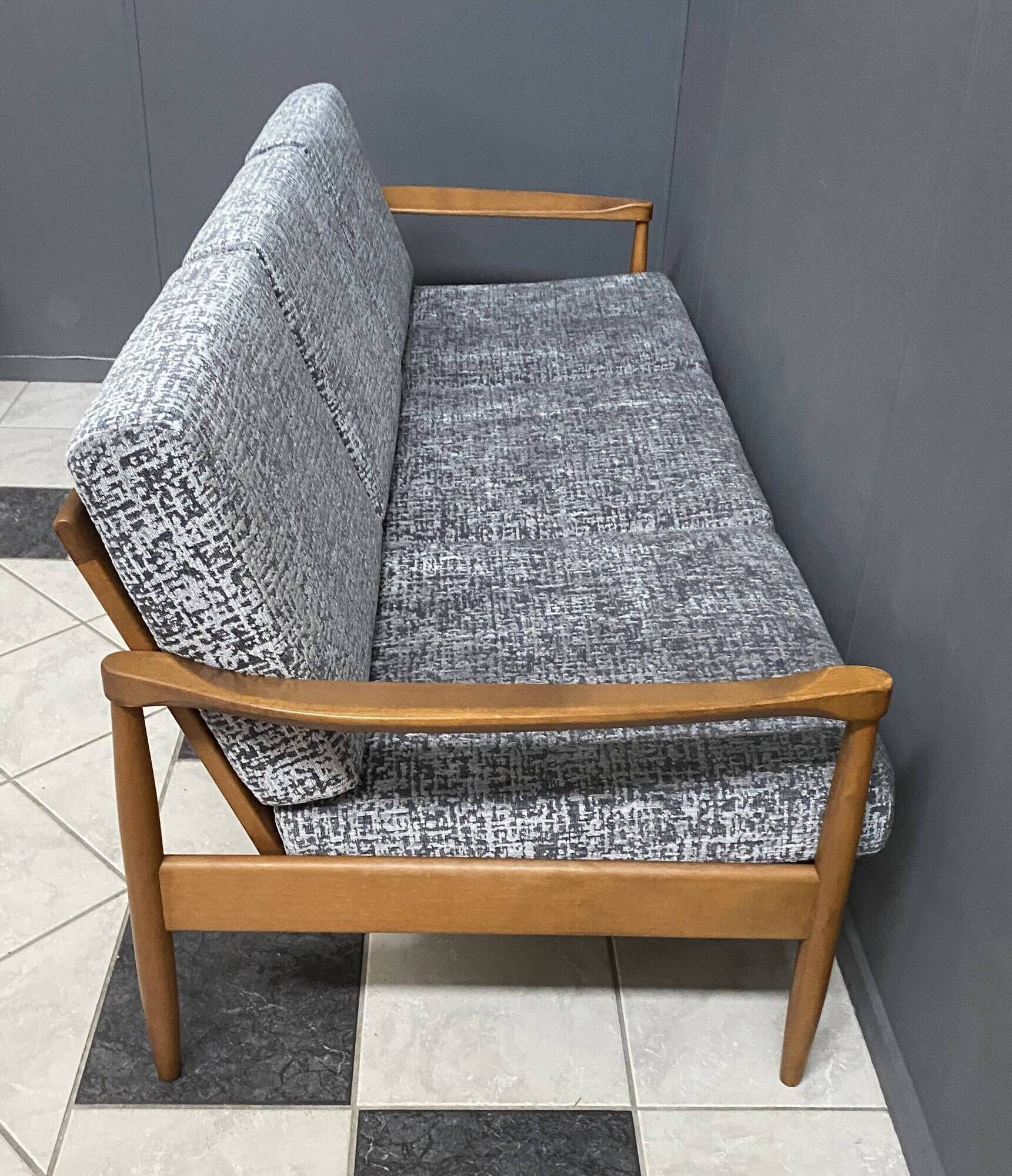Grey fabric and wood 3 seat sofa 1960s