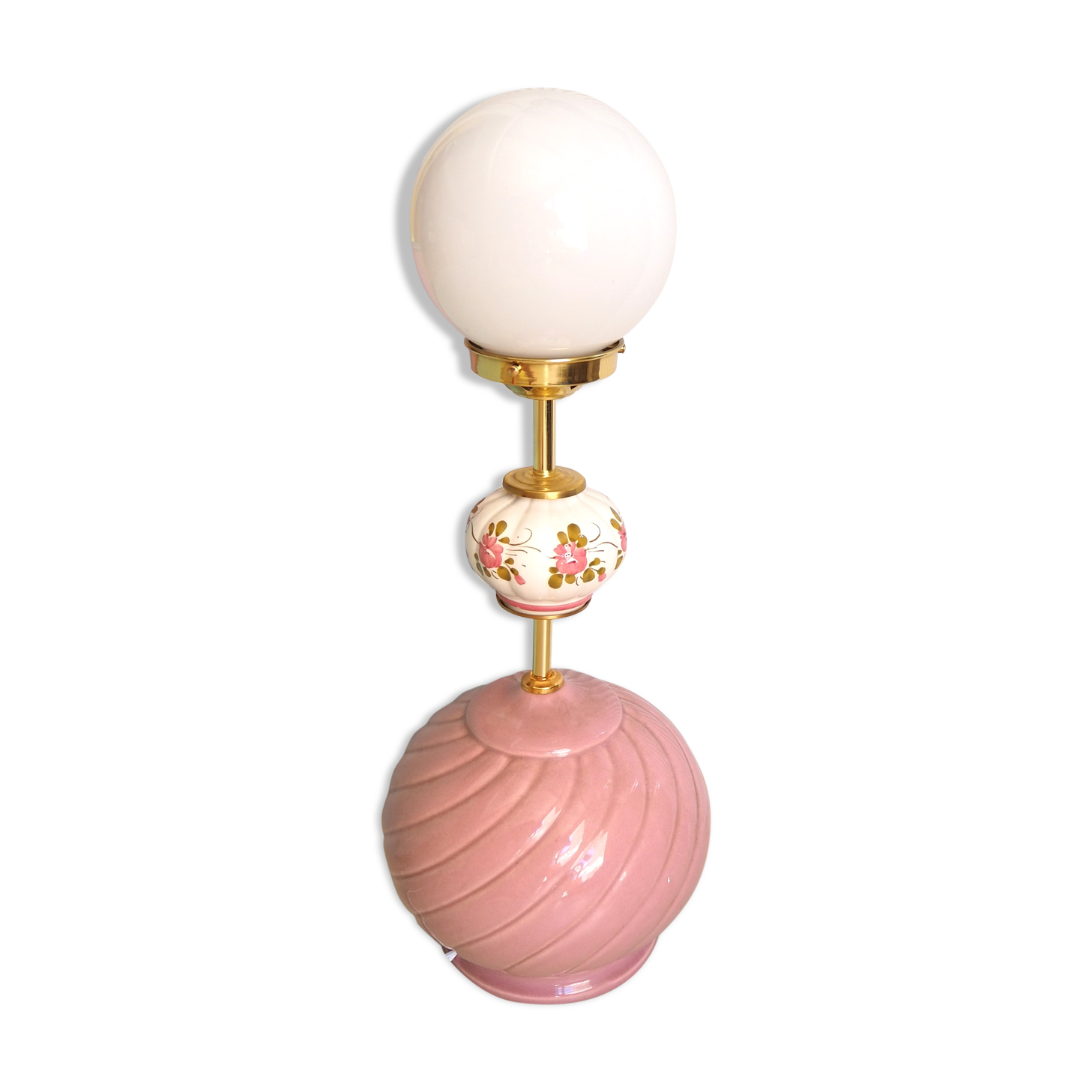 Table lamp, pink, opaline and brass ceramic