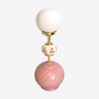 Table lamp, pink, opaline and brass ceramic