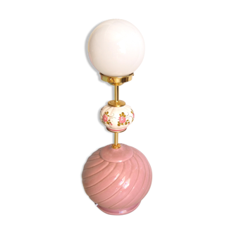 Table lamp, pink, opaline and brass ceramic