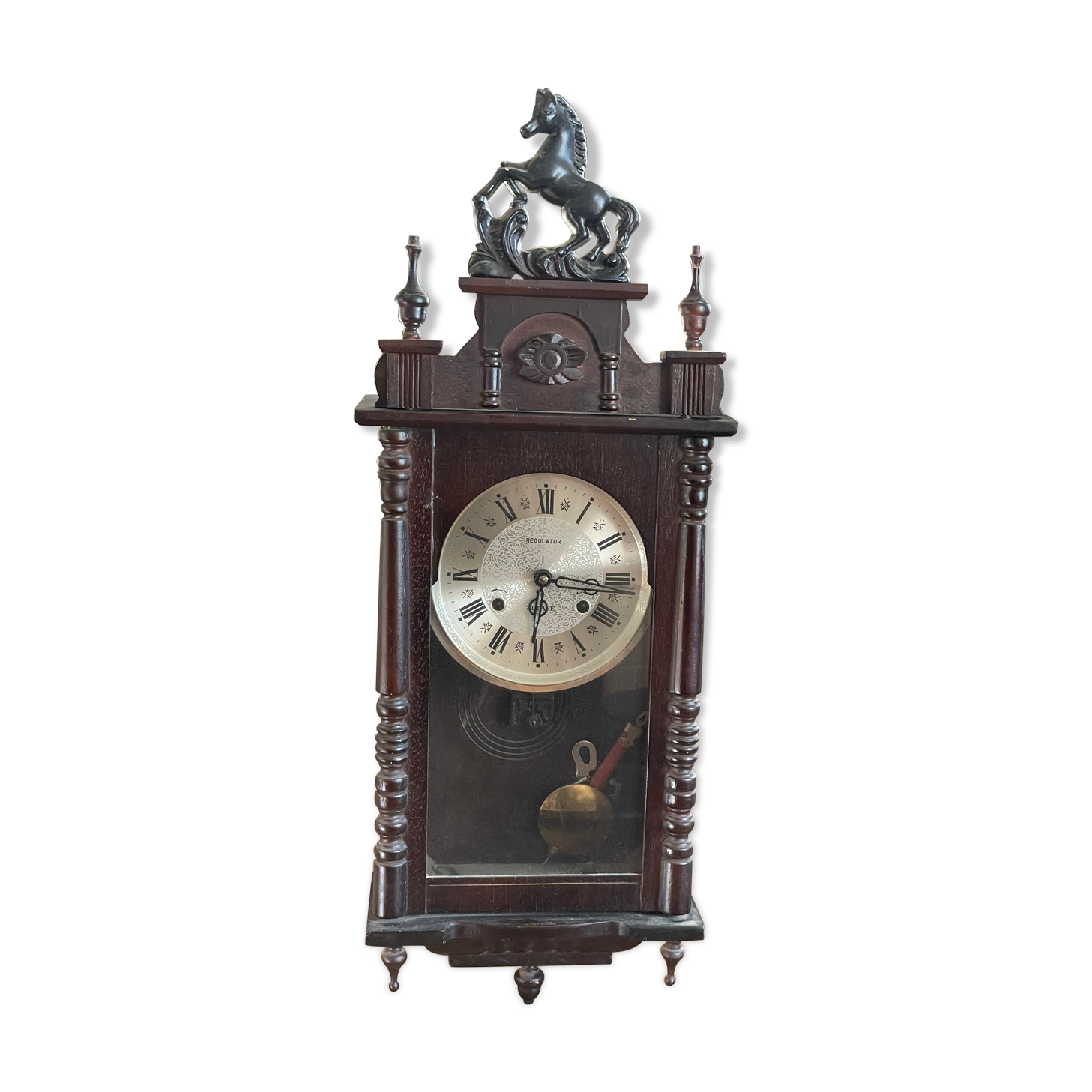 Pendule regulator 31 tage acier inoxydable bois, bronze, verre - xxe siècle