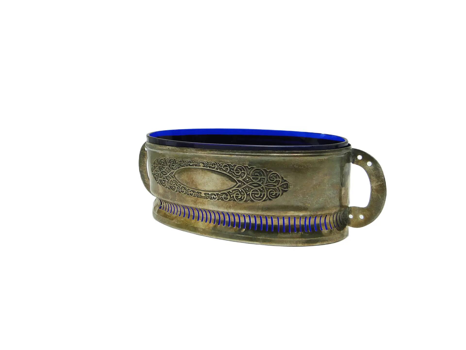 Art Nouveau jardiniere, silver-plated brass, cobalt glass, United Kingdom, 1960s.