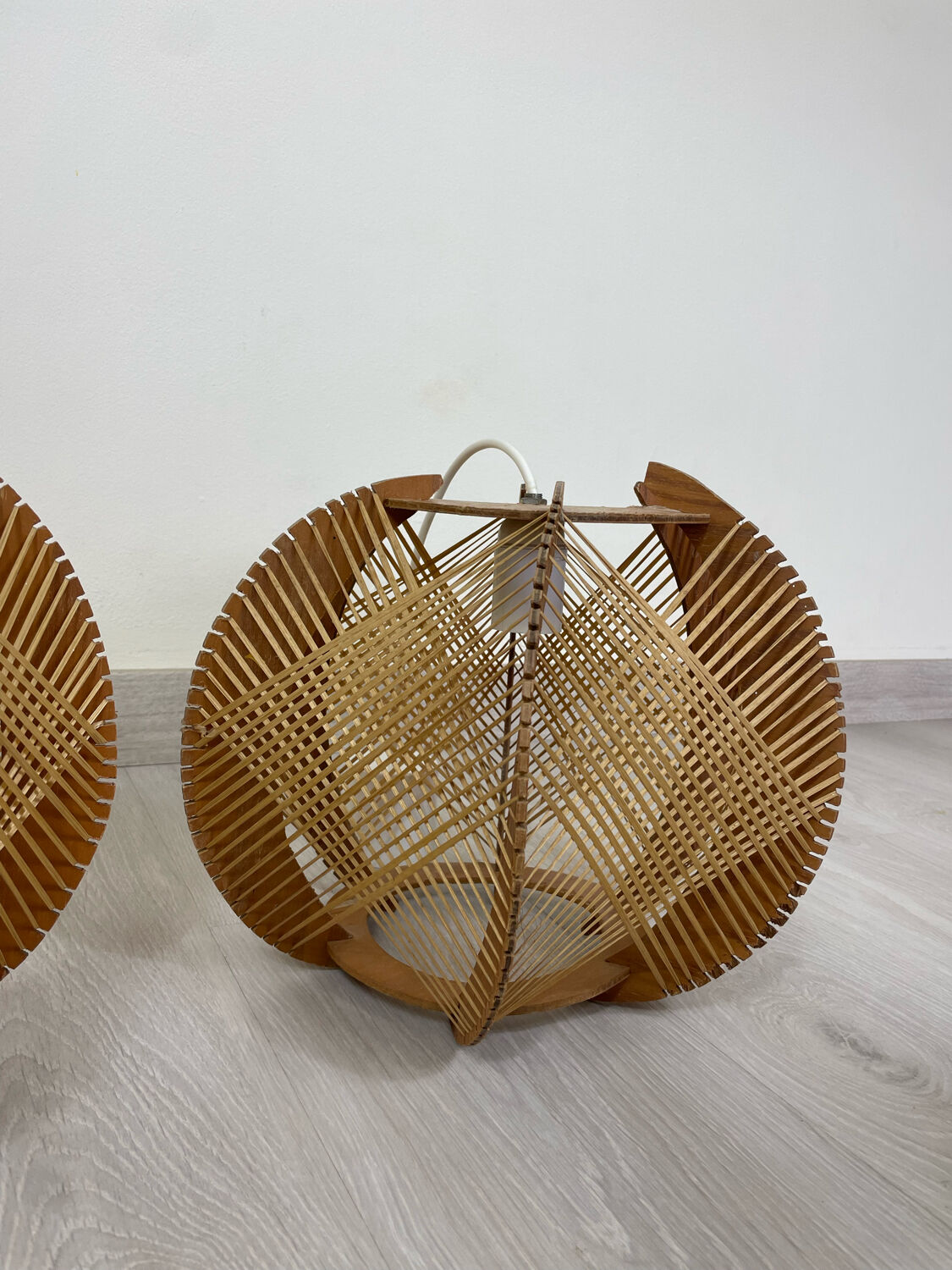 Pair of Scandinavian pendant lamps in wood and wires