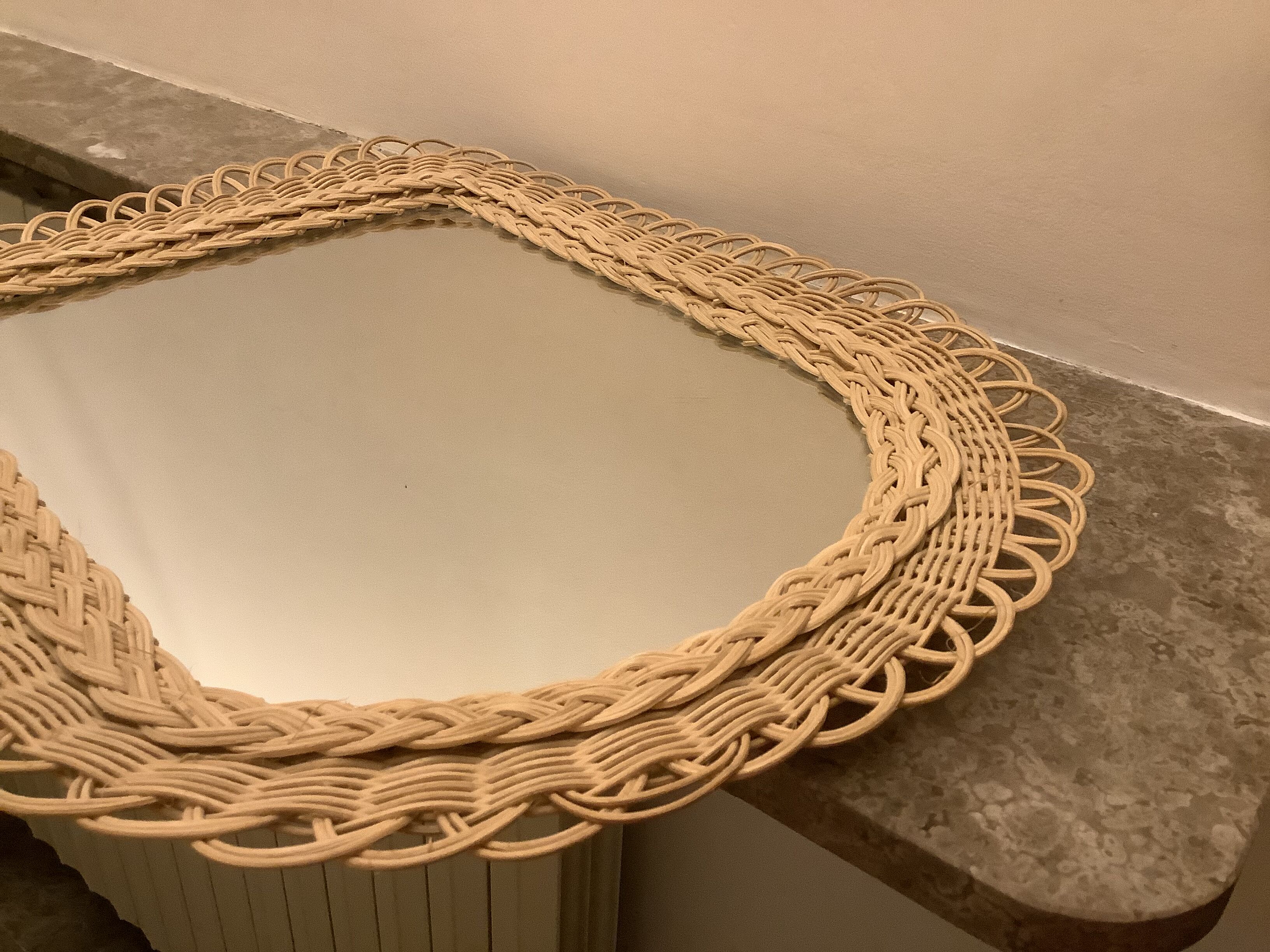 Old rattan wicker braided mirror, 48x40 cm