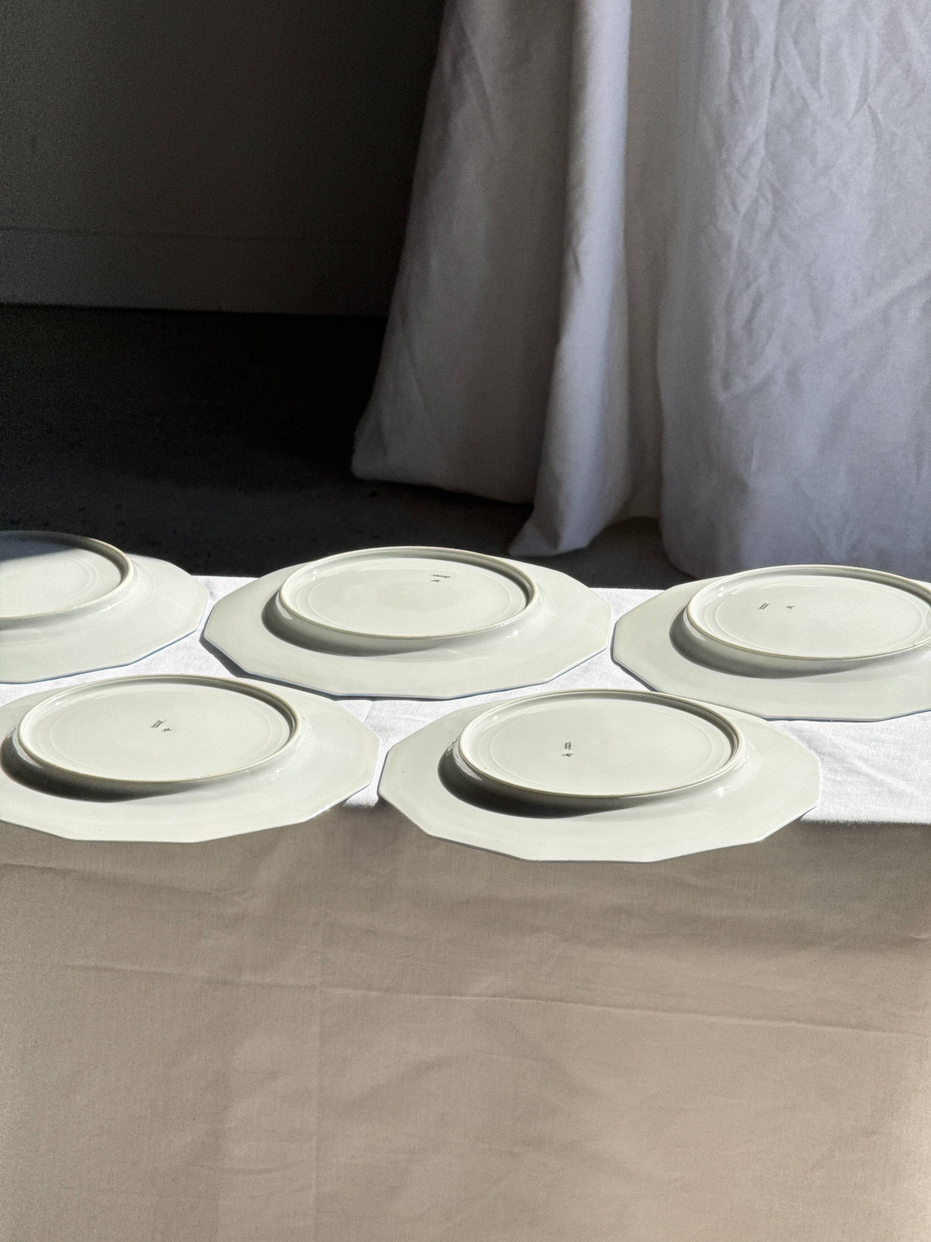 Set of 10 flat plates in Limoges porcelain from France with flowers.