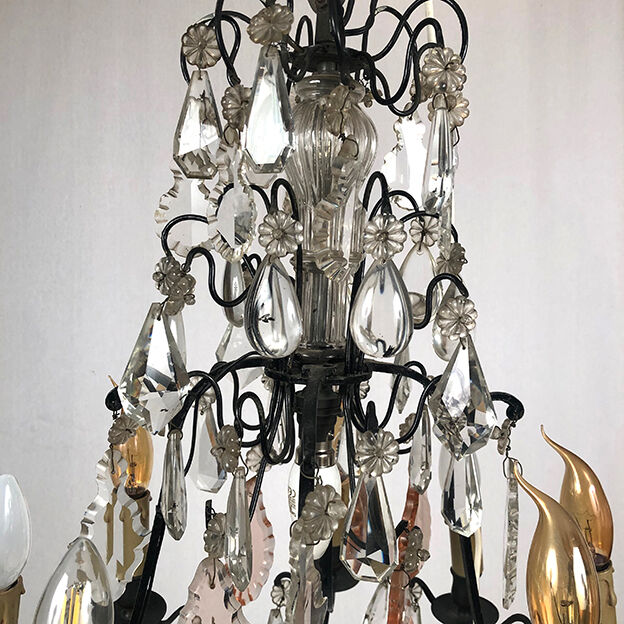 Black lacquered metal chandelier and crystal tassels