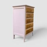 Vintage powder pink compass leg chest of drawers from the 1950s