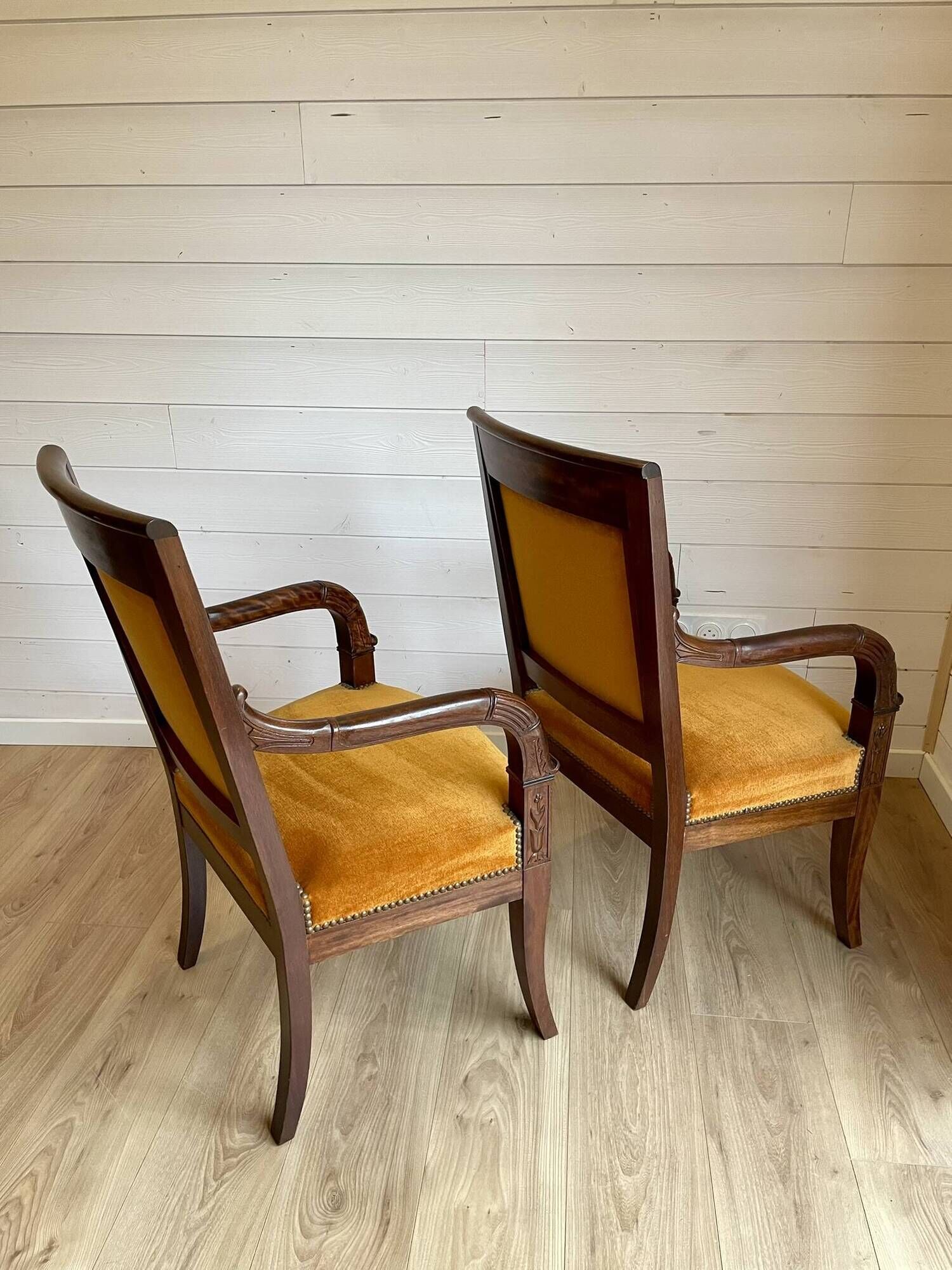 2 vintage style Directoire or Empire armchairs / cabriolets – orange velvet