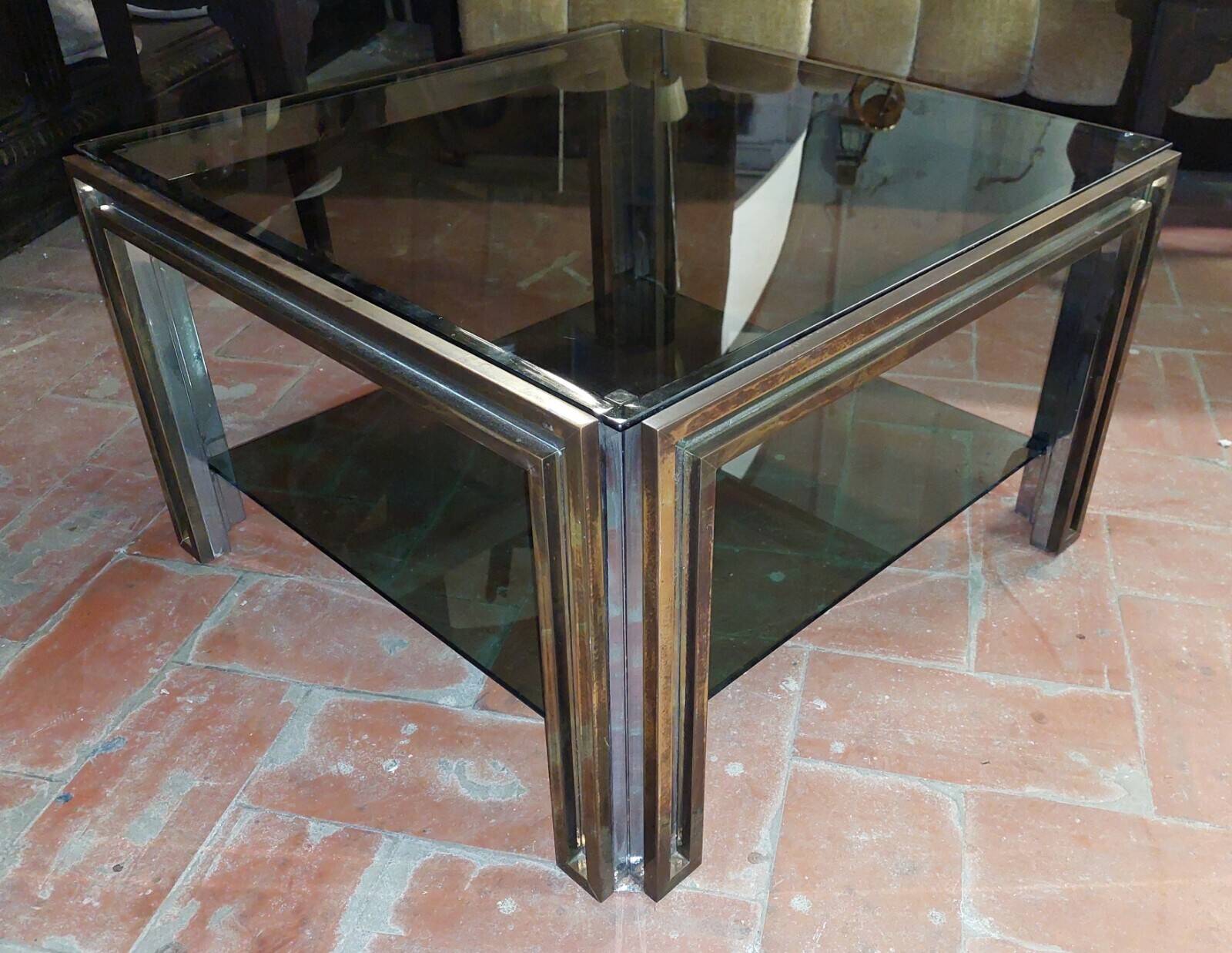 Smoked coffee table, brass, chromed metal, glass, 70s