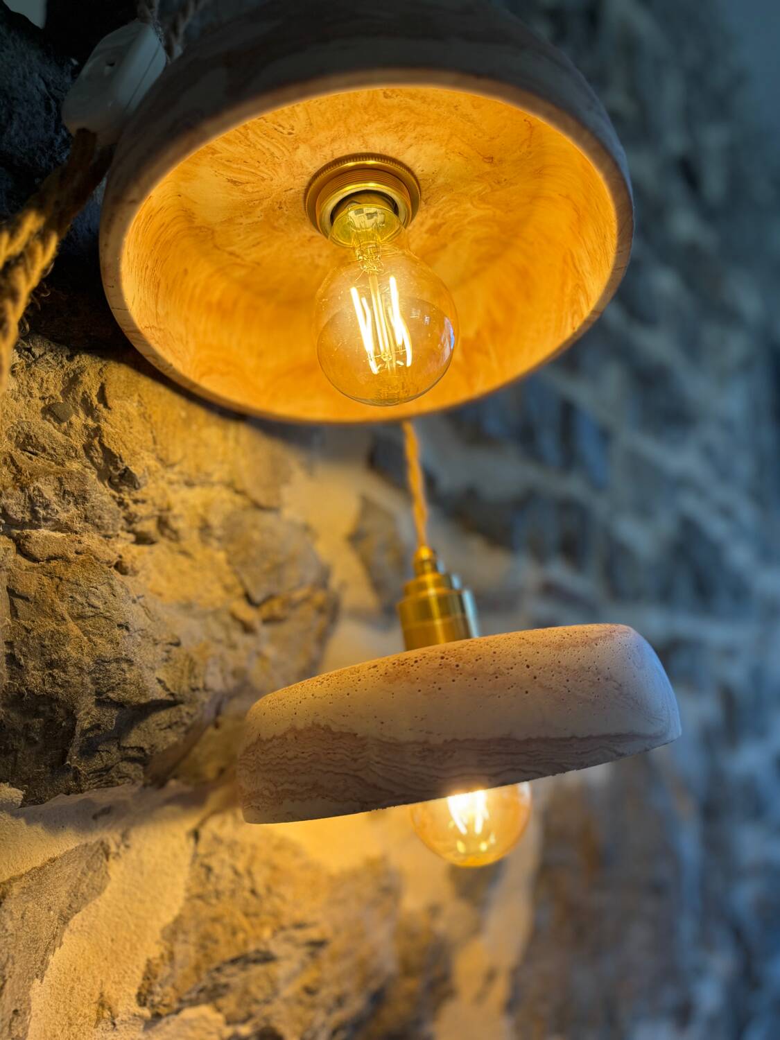 Pair of handcrafted portable lamps with a marbled stone effect