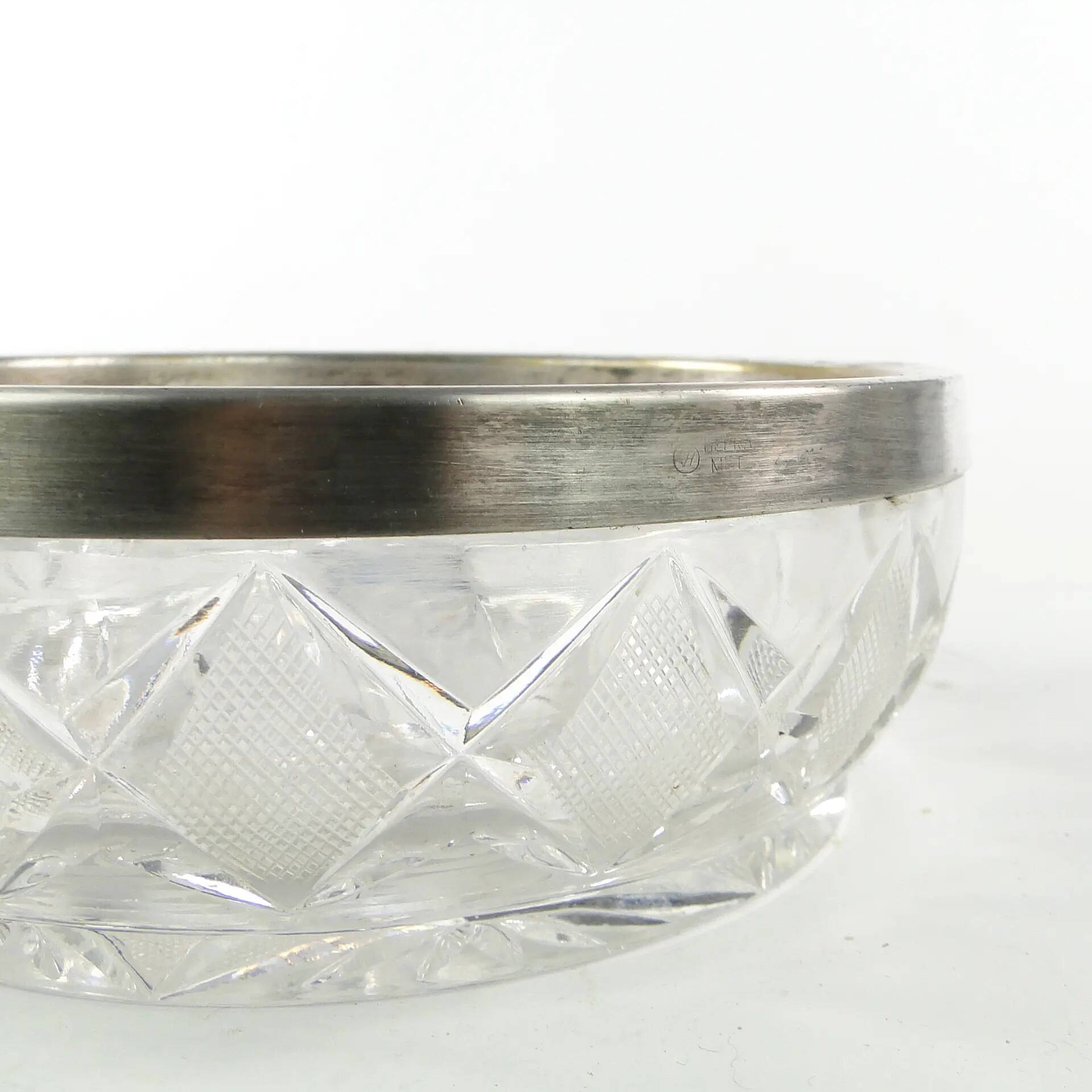 Decorative mid-century modern fruit bowl, crystal, silver-plated brass, Poland, 1970s