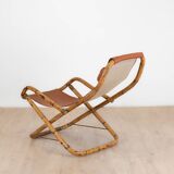 Fauteuil en cuir de salon pliant vintage structure bambou et laiton, Italie, années 1960