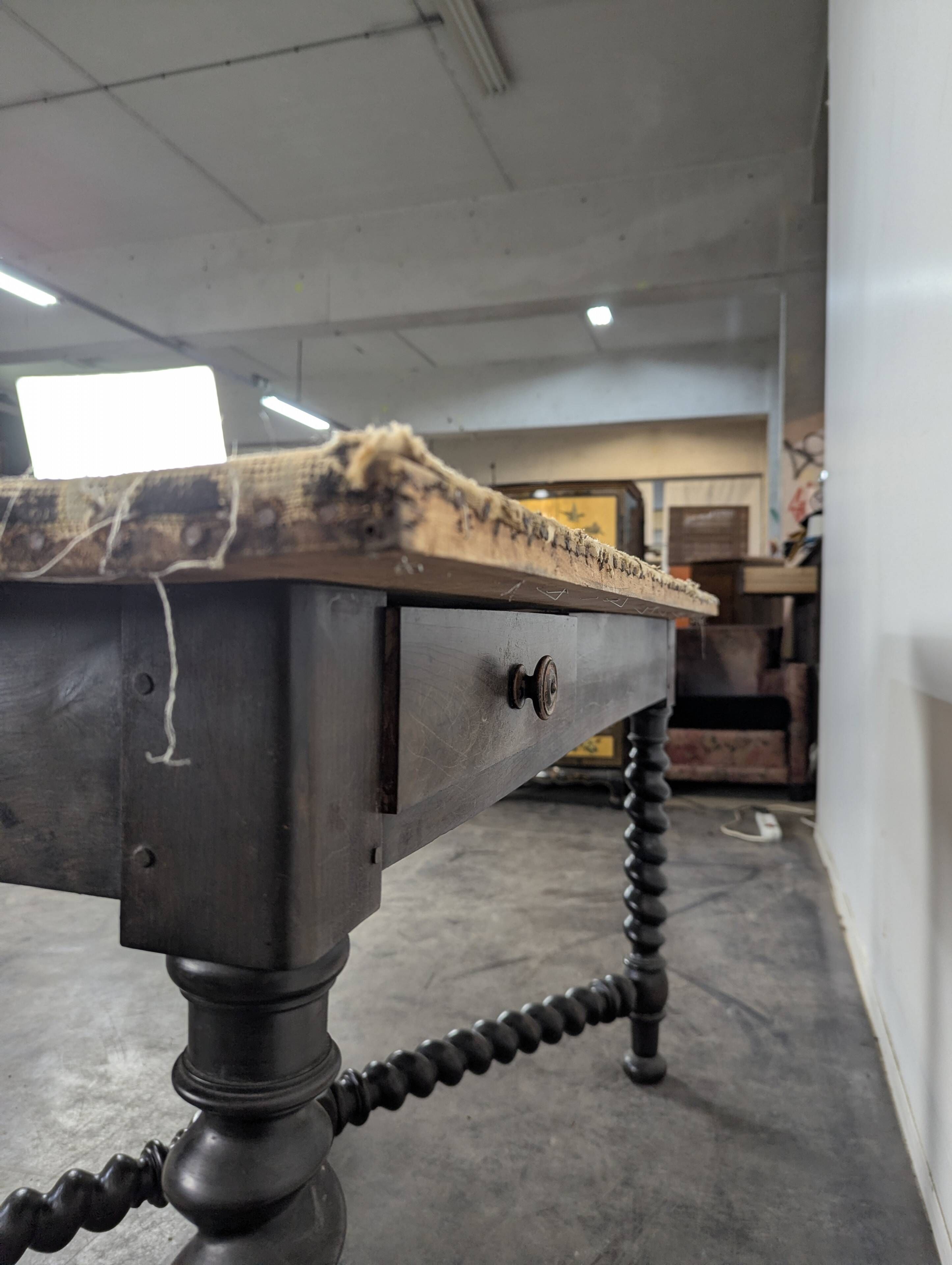 Louis XIII style table in blackened wood and tapestry