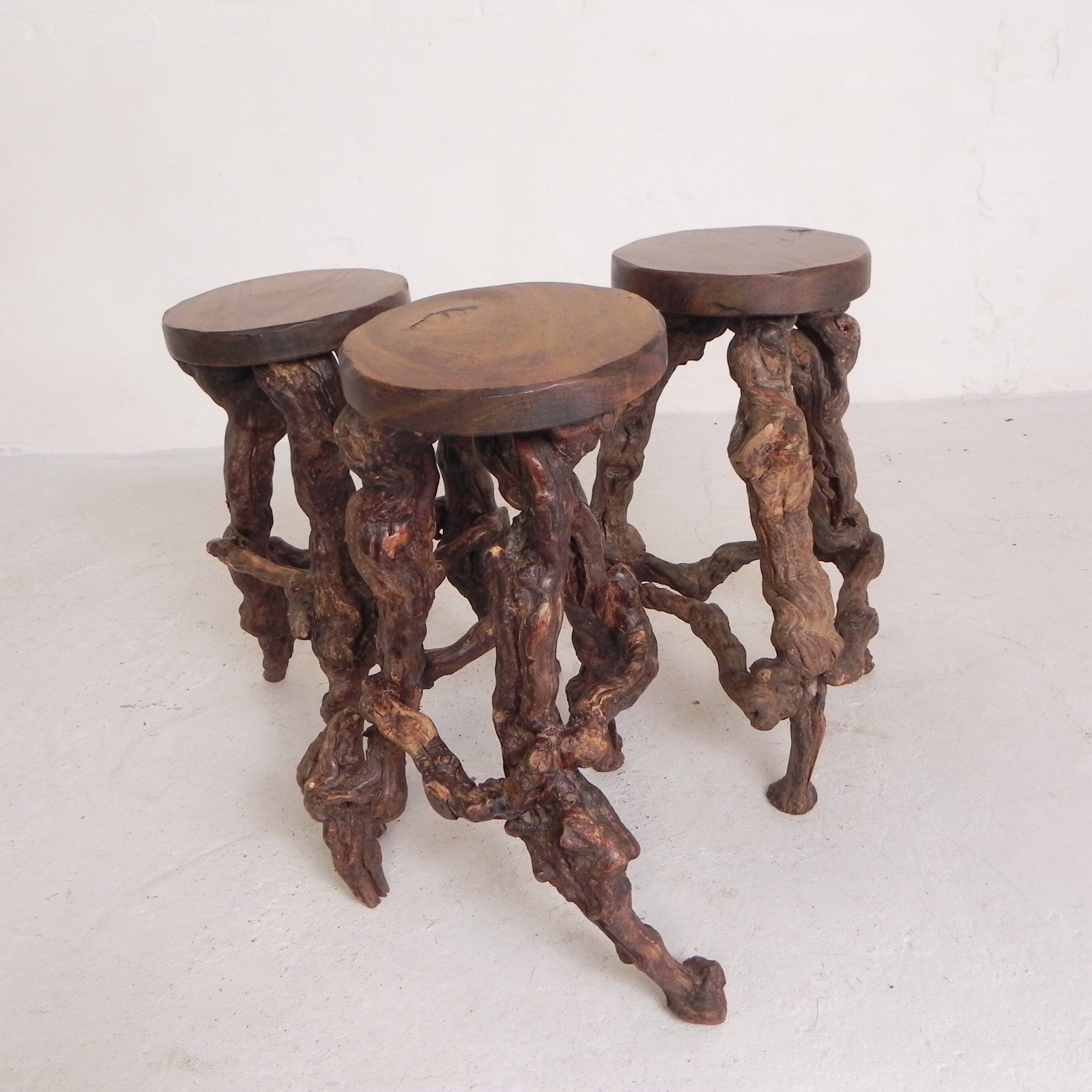 Set of 3 vintage wooden vine bar stools, 1960s