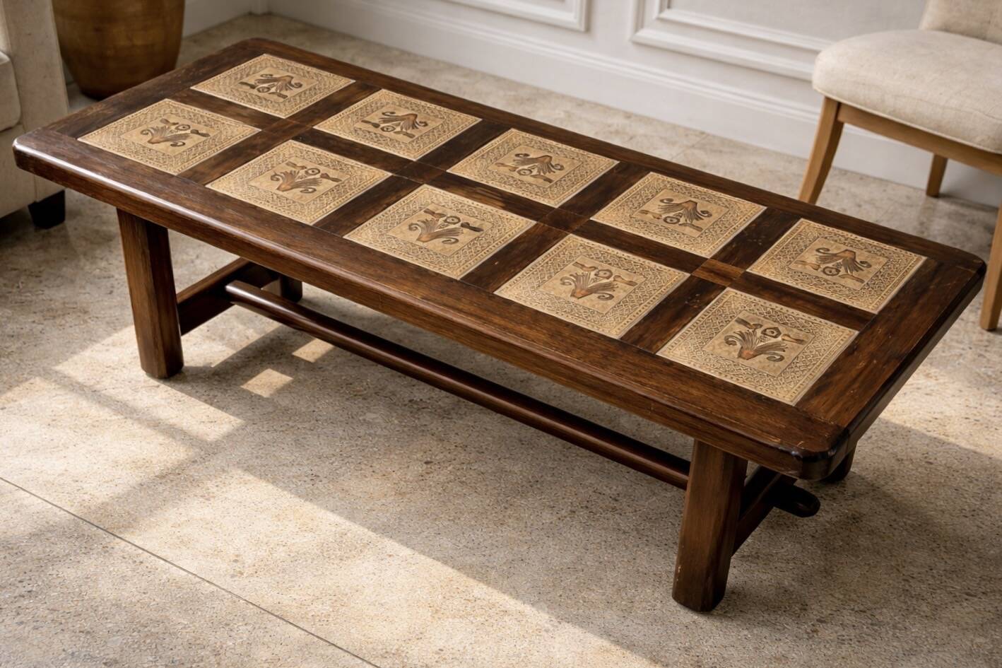 Vintage 60s coffee table with tile decoration of birds and flowers.