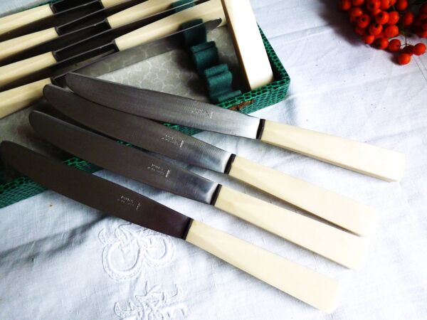 Coffret ancien avec 12 couteaux de table, couverts de table art déco.