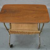 Mid-century teak and brass mobile side table with magazine holder, 1960s
