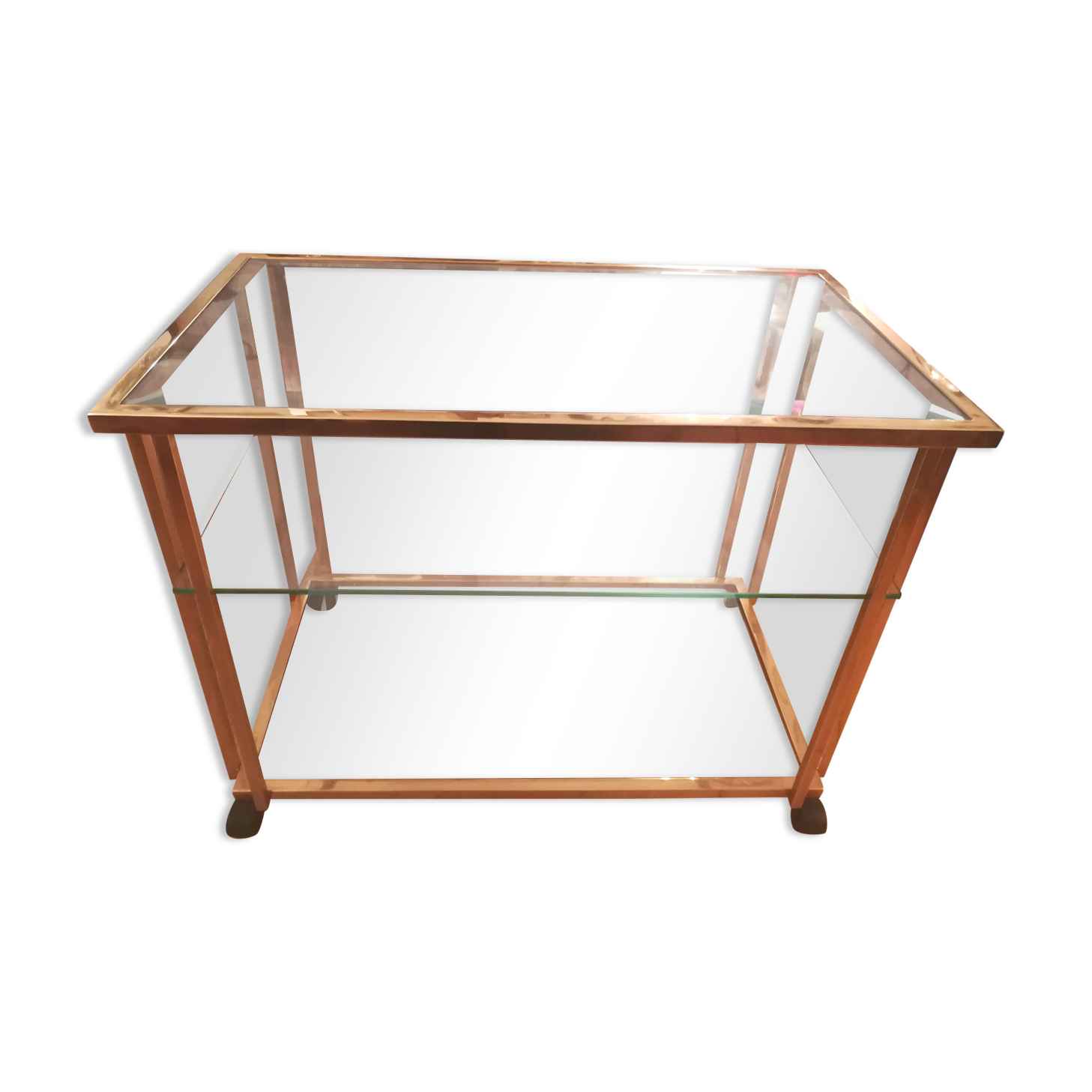 Trolley on wheels in gilded brass and beveled glass