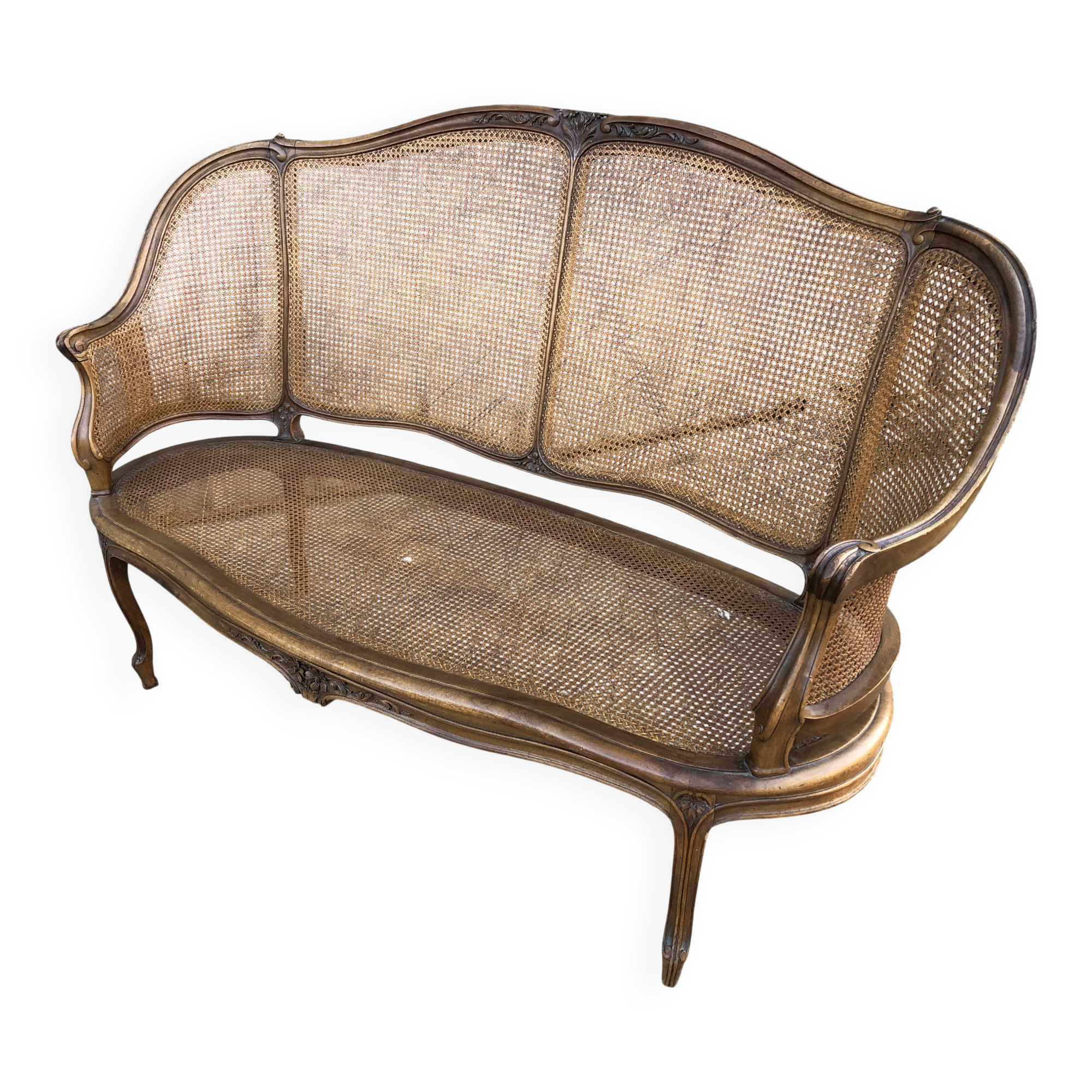 Antique Louis XV bench in solid walnut and caning