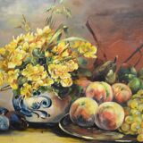 Jhane JONCHERY (19th~20th century) "Still life with flowers and fruits: peaches, grapes, plums"