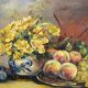 Jhane JONCHERY (XIXe~XXe siecle)  "Nature mortes aux ﬂeurs et aux fruits : pêches, raisins, prunes"