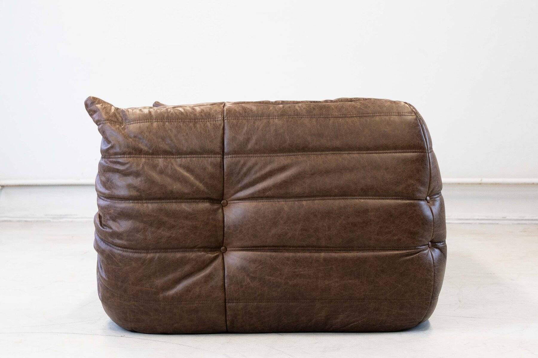 Vintage two-seater Togo sofa with arms in brown leather by Michel Ducaroy for Ligne Roset, 1970s
