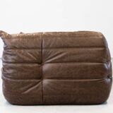 Vintage two-seater Togo sofa with arms in brown leather by Michel Ducaroy for Ligne Roset, 1970s