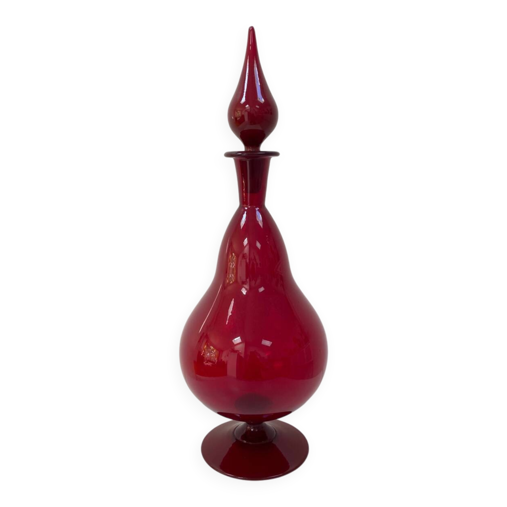 Large blown glass red carafe Blenko / Genie Bottle from the 1960s.
