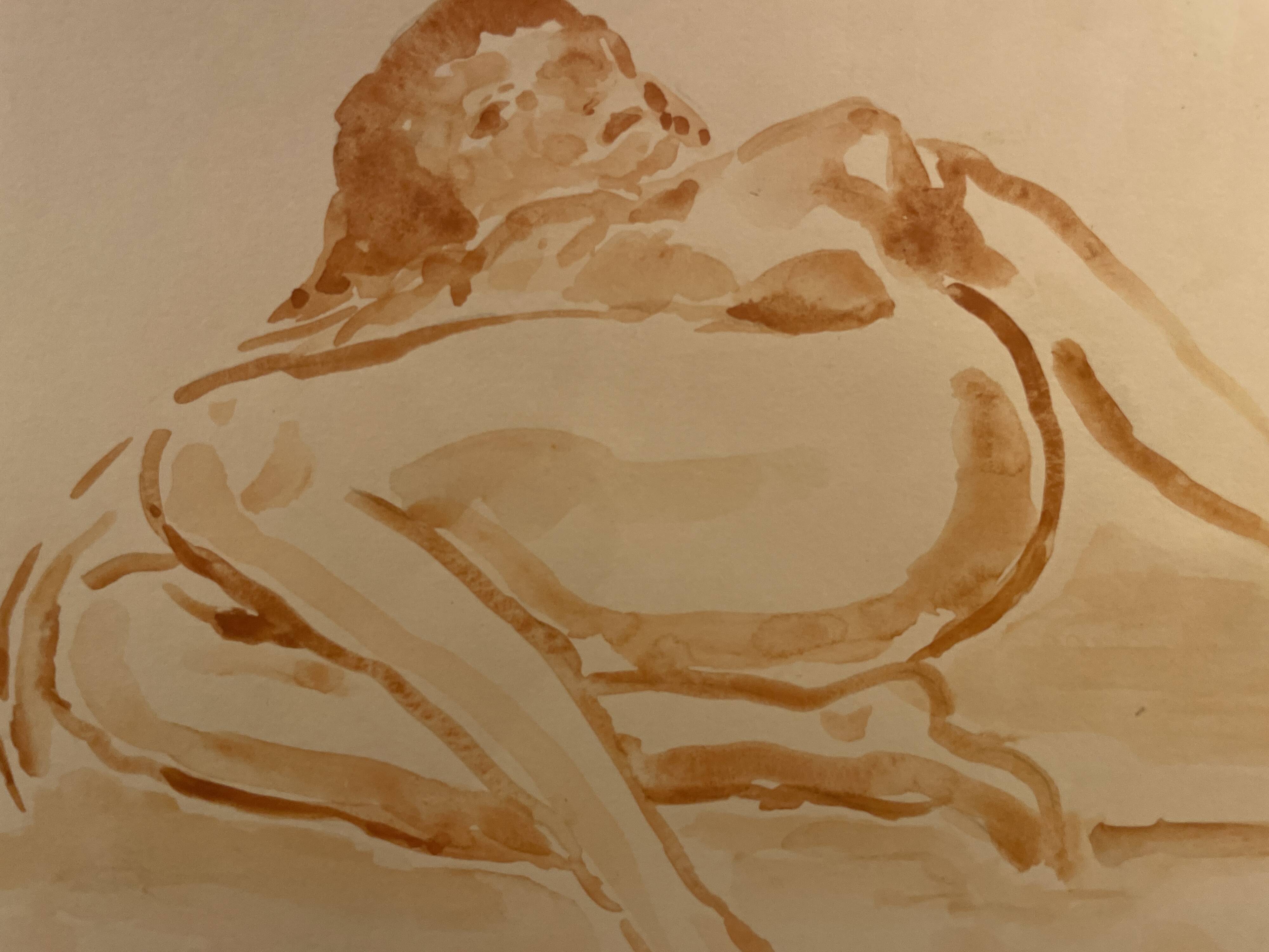 Signed painting monochrome watercolor female portrait "reclining study"