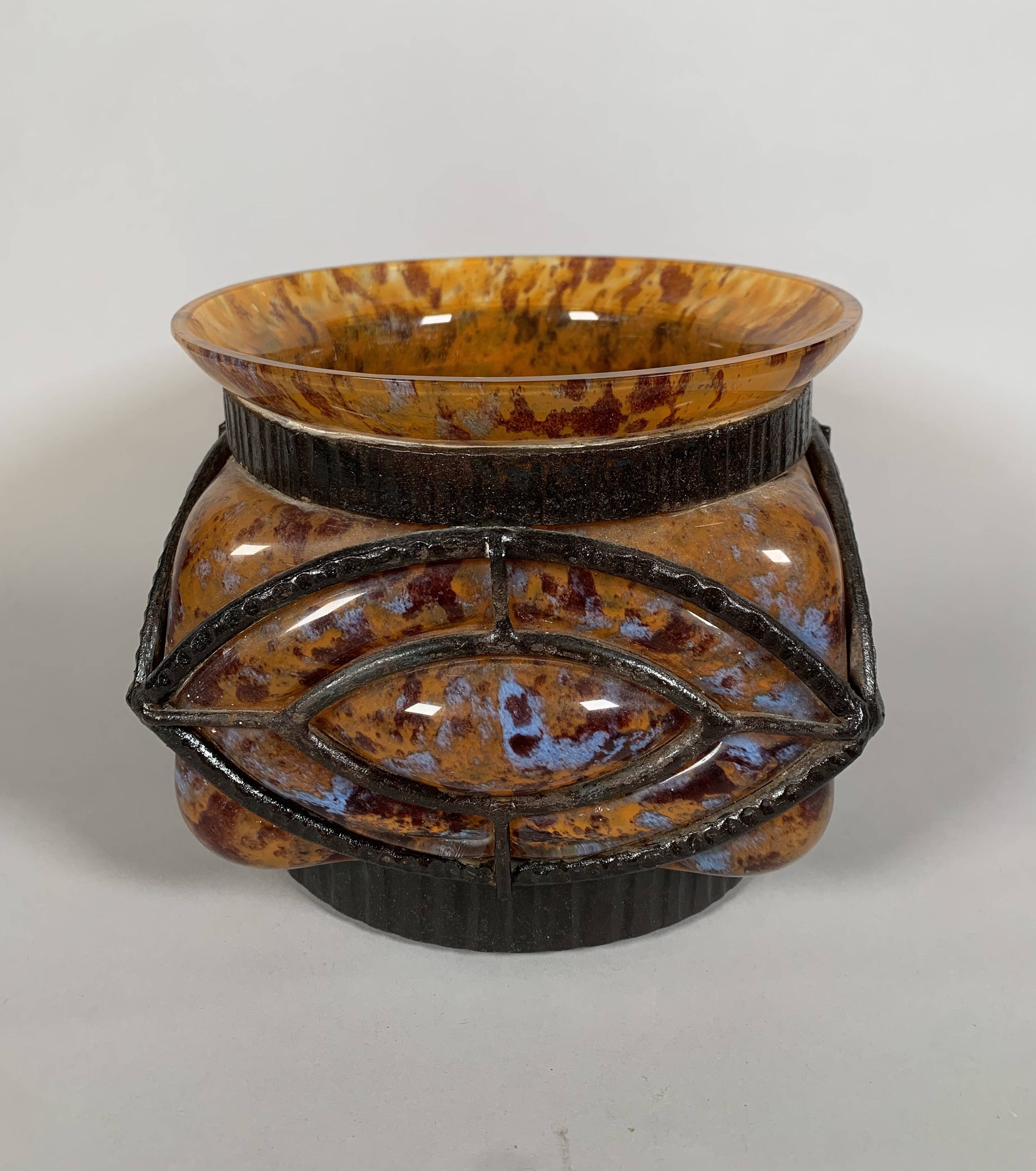 Art Deco Glass and Wrought Iron Vase Le Lorrain Nancy 20th Century