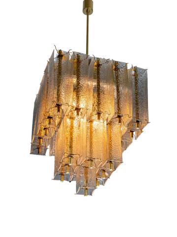 Chandelier in brass and structured ice glass, 1950s, Austria