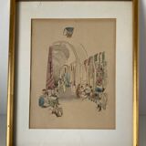 Orientalist drawing in ink and watercolor on paper representing a fabric souk