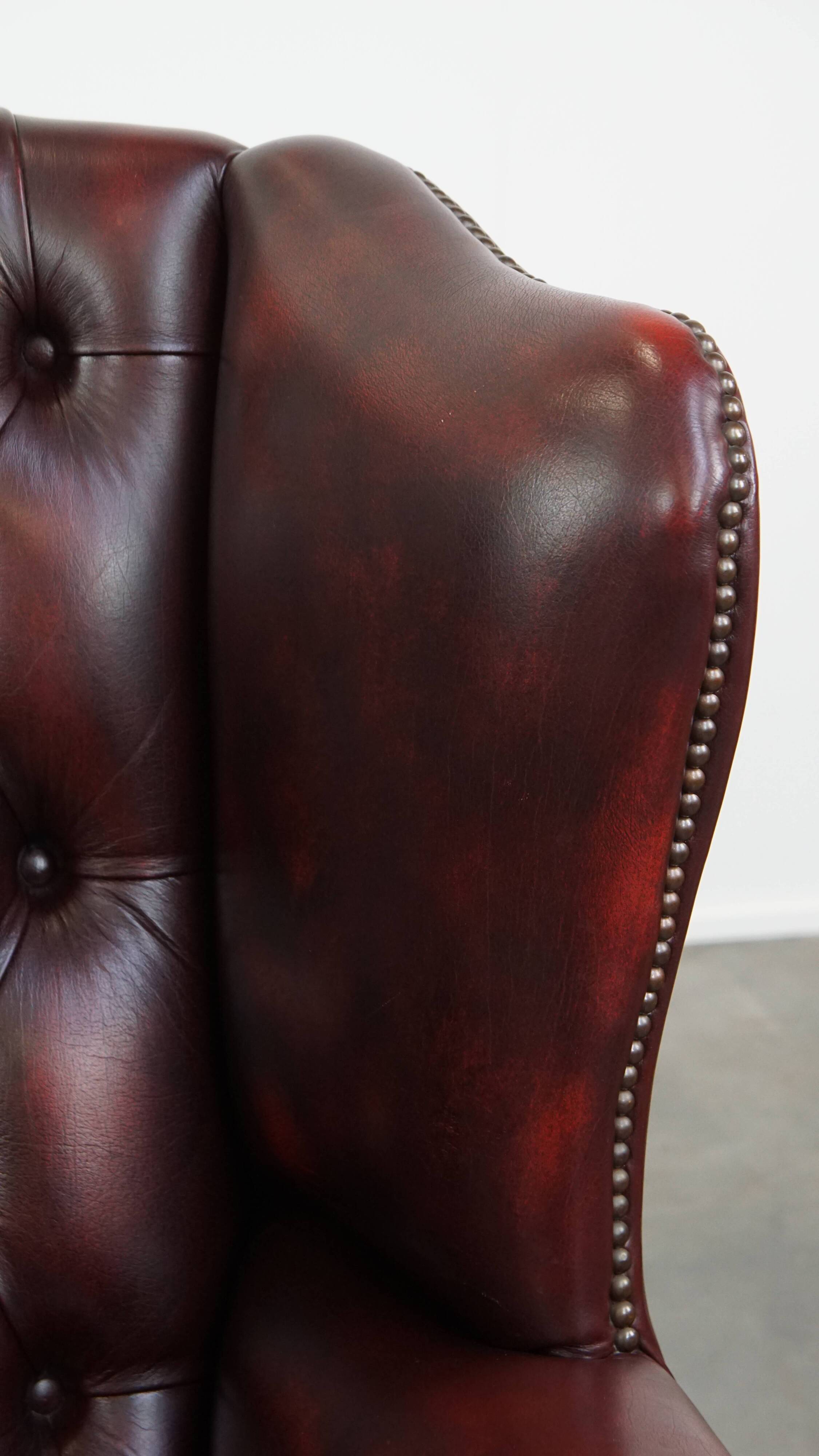 Red Cowhide Leather English Chesterfield Wingback Chair