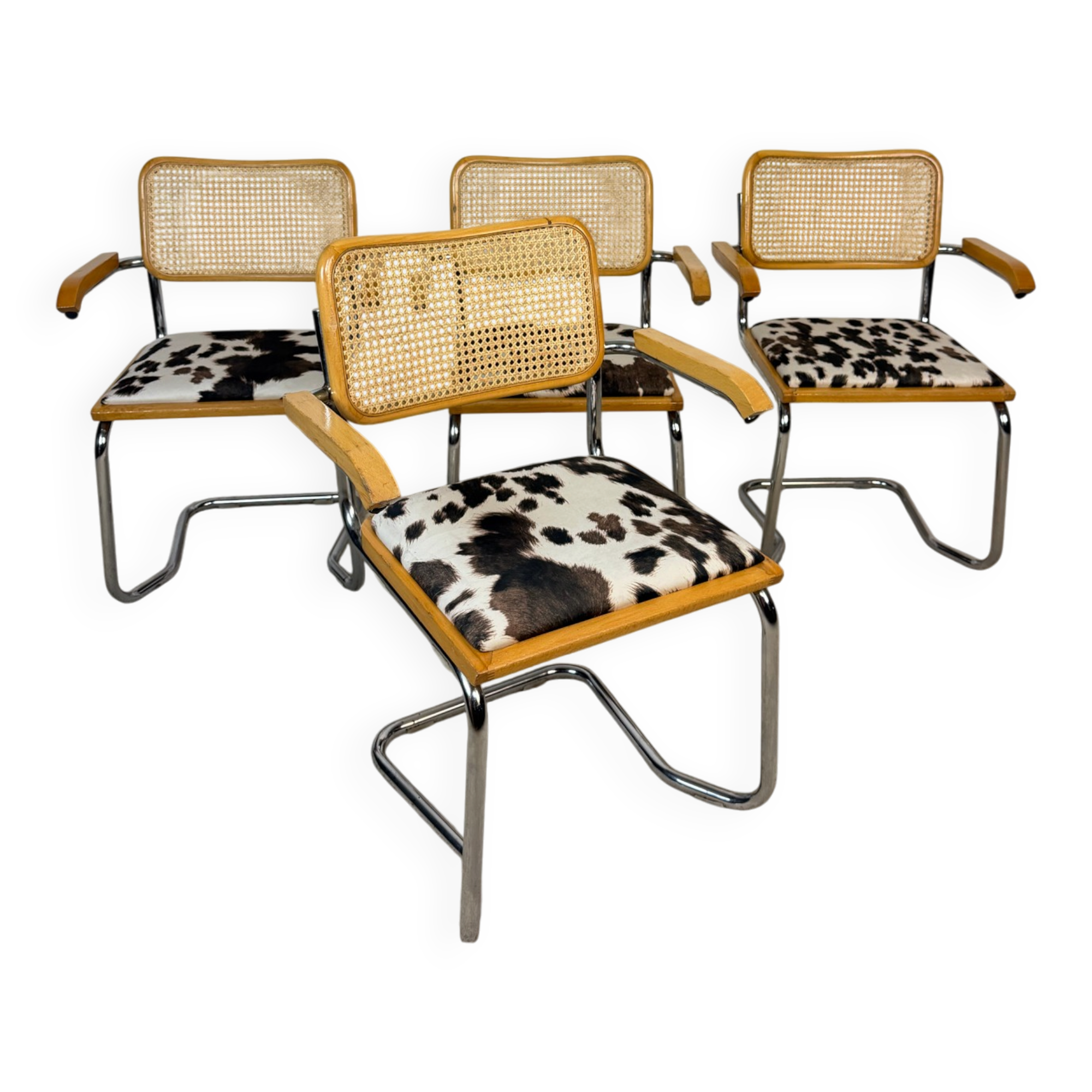 4 fauteuils cannés chrome et bois années 70