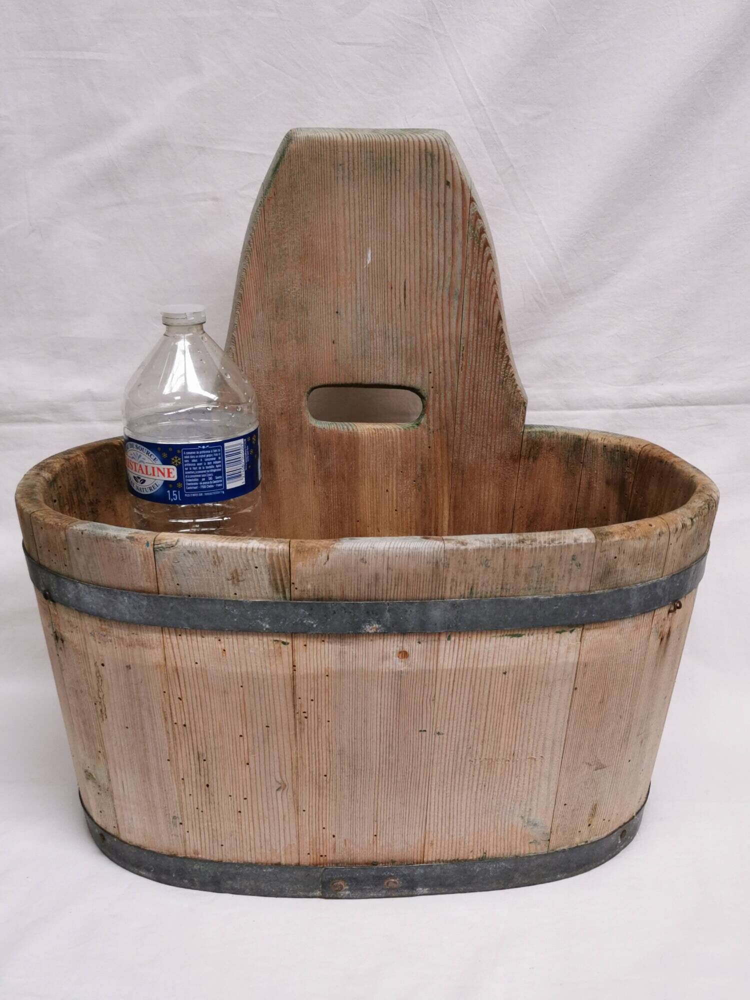 Tub / seille in laid, old swiss wooden cache pot planter, savoie