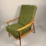 Fauteuil scandinave – revêtement vert, bois de hêtre, vintage