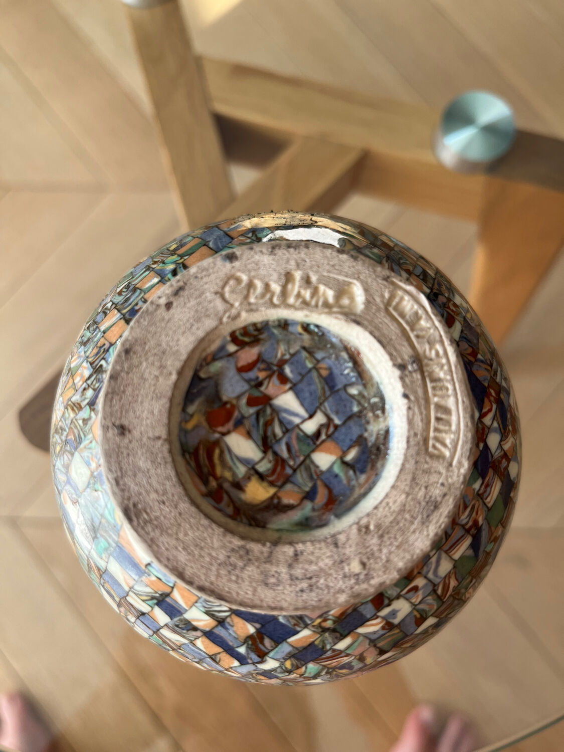 Small Vallauris vase in mosaic clay signed Gerbino
