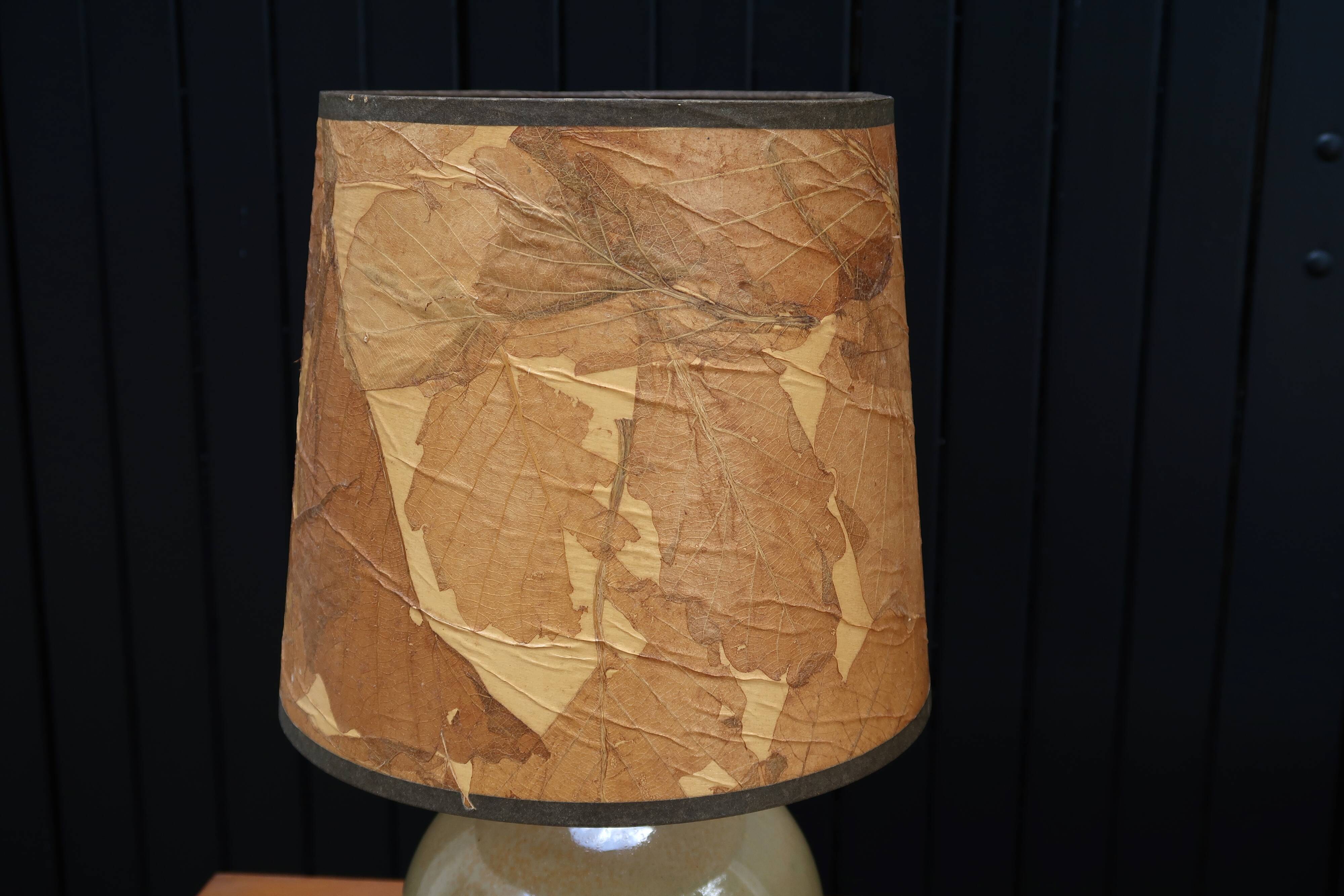 Beige ceramic lamp, herbarium-style lampshade, 70s
