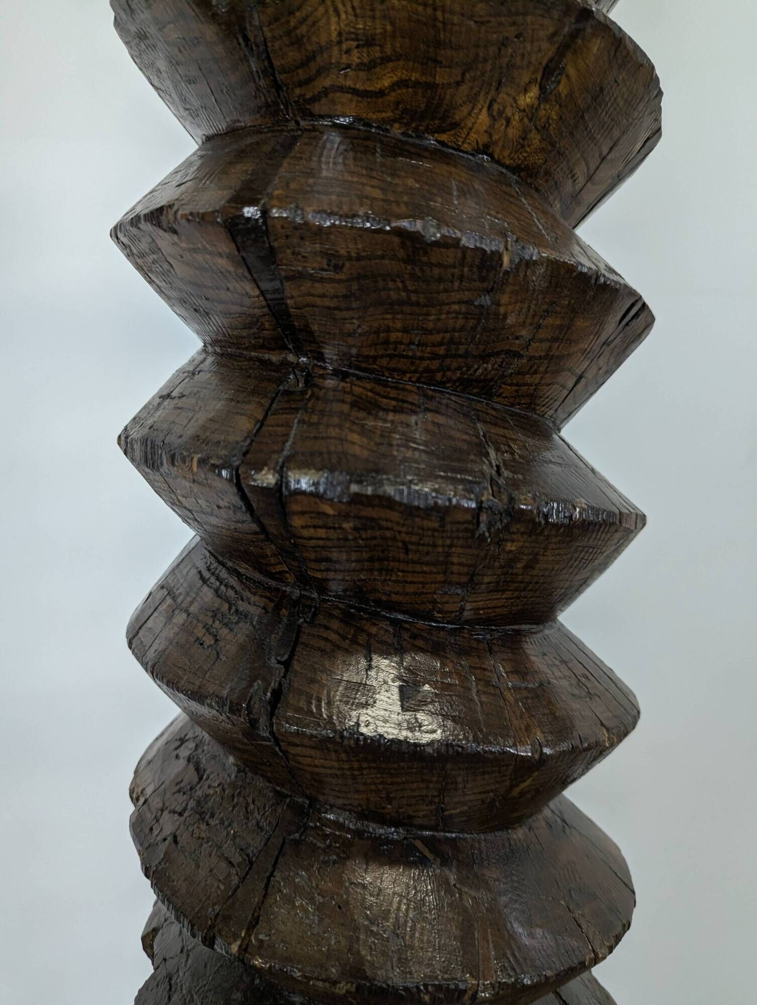 Oak and hammered iron press screw coat rack