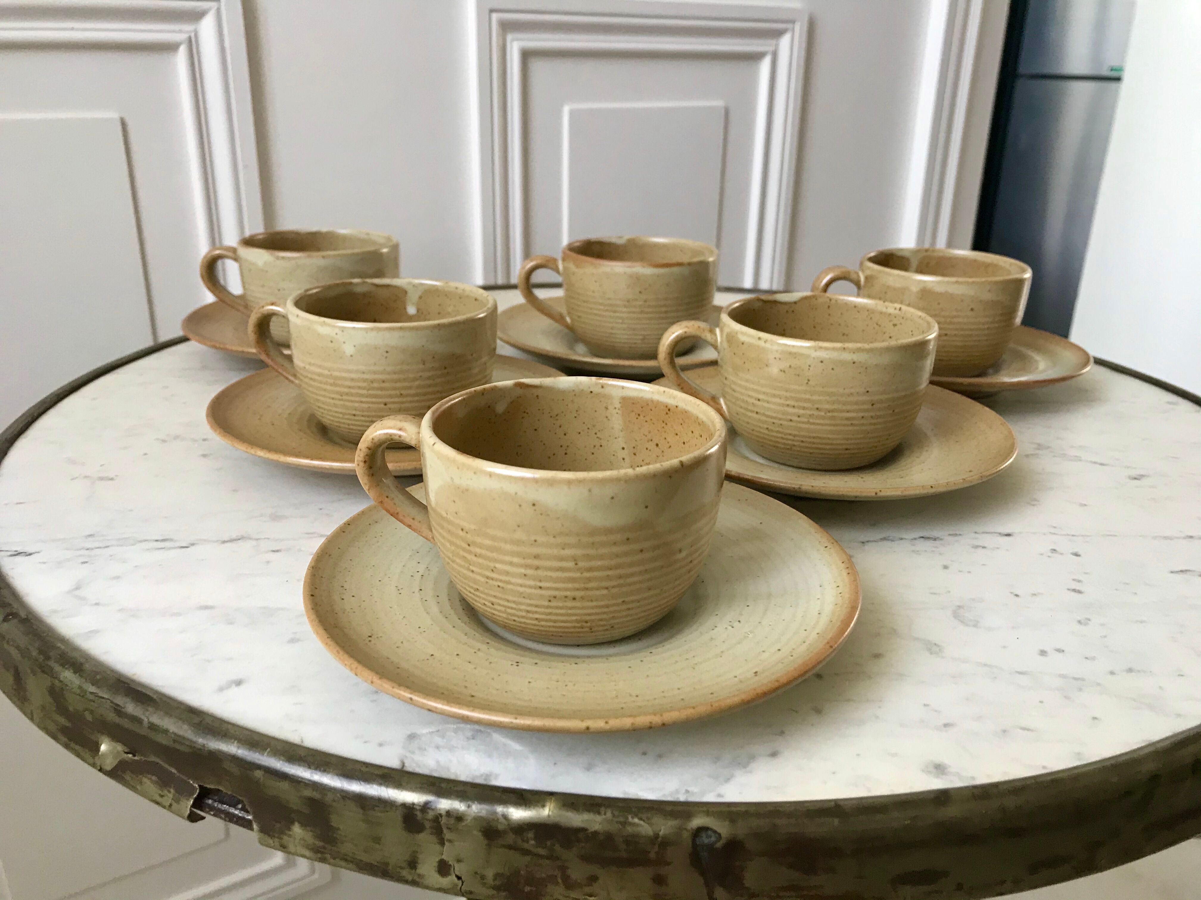 set of 6 stoneware cups and saucers Grès du Village 60s-70s