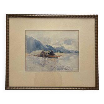 Aquarelle ancienne paysage suisse signée Fürst 1915