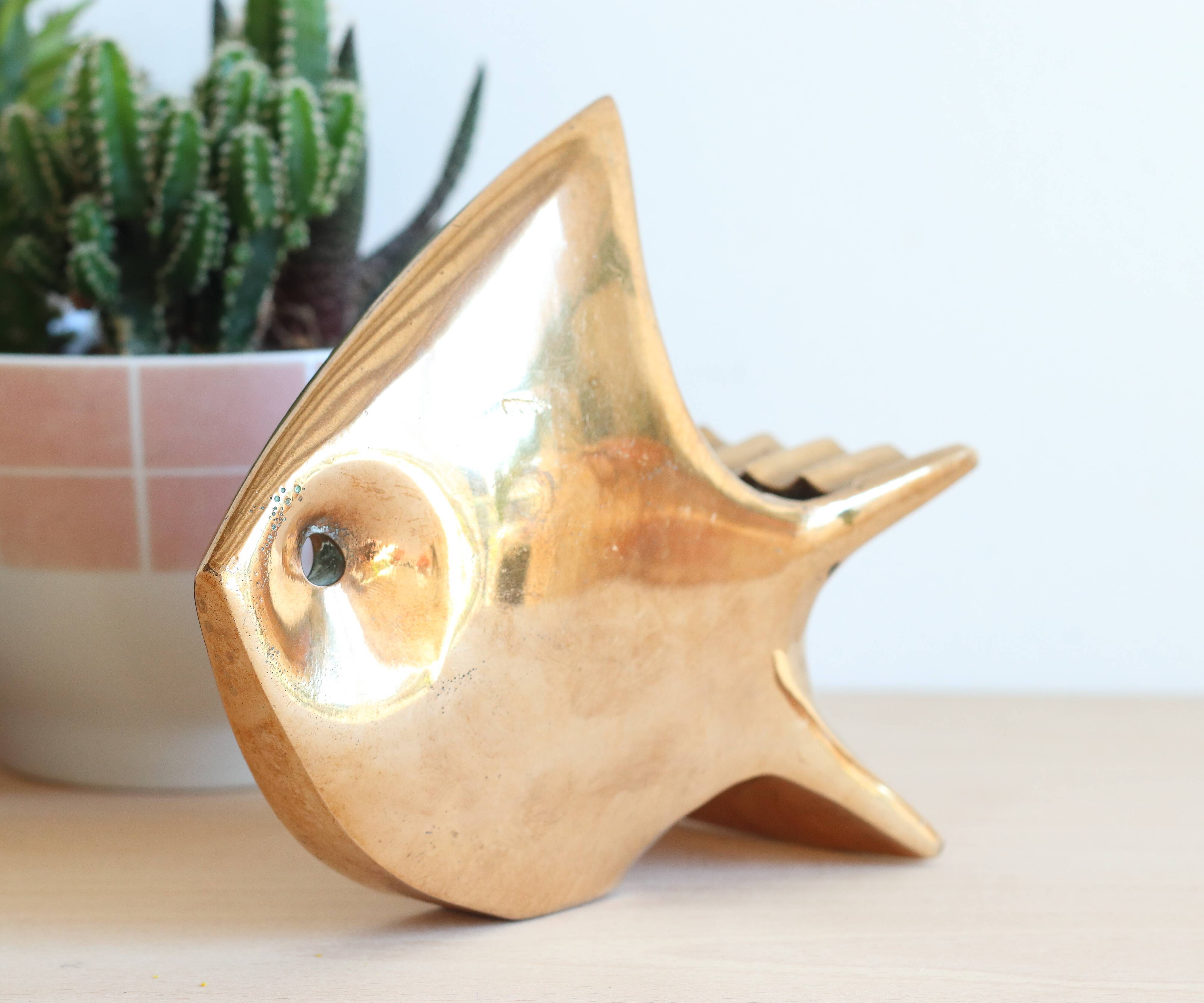 1960s solid brass ashtray in the shape of a stylized fish