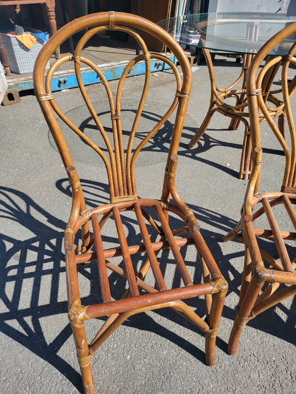 Vintage rattan and glass set - round table + 4 chairs