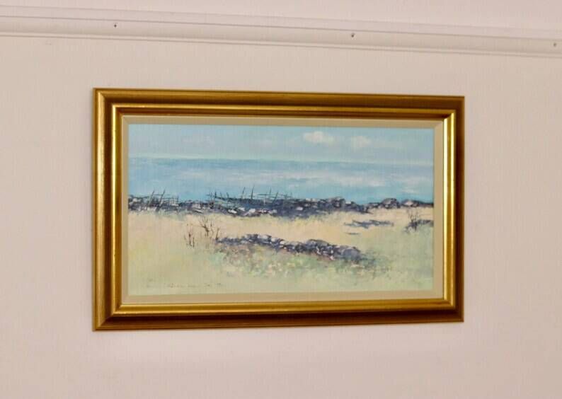 Mid-Century Swedish Original Painting Oil on Canvas "Beach in the Parish of Gårdby" by Jim Ronald Lindholm -- vintage and framed