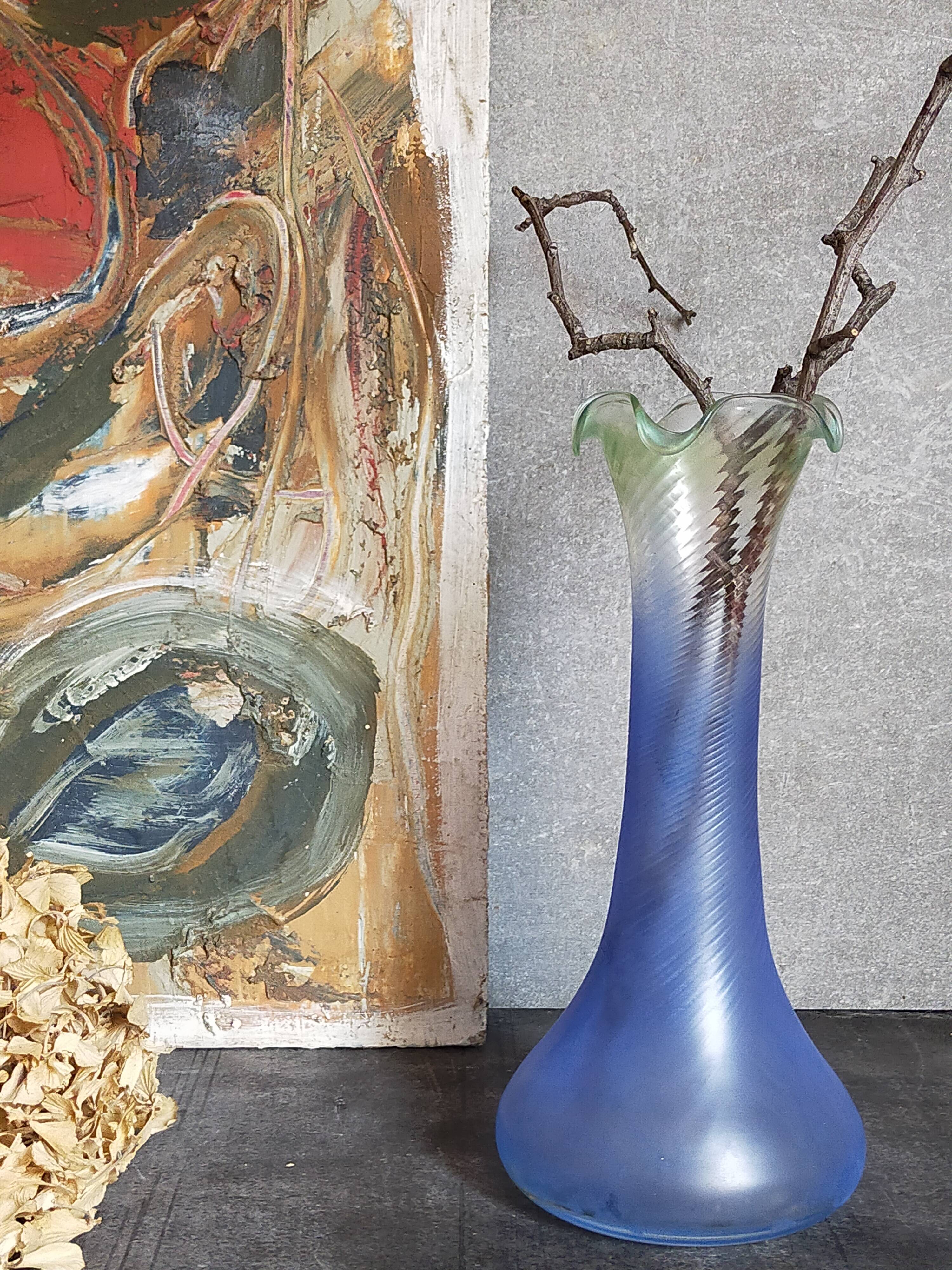 Blown glass vase frosted effect blue and vintage green