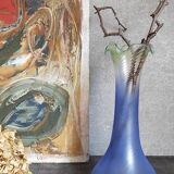 Vase en verre soufflé effet givré bleu et vert vintage