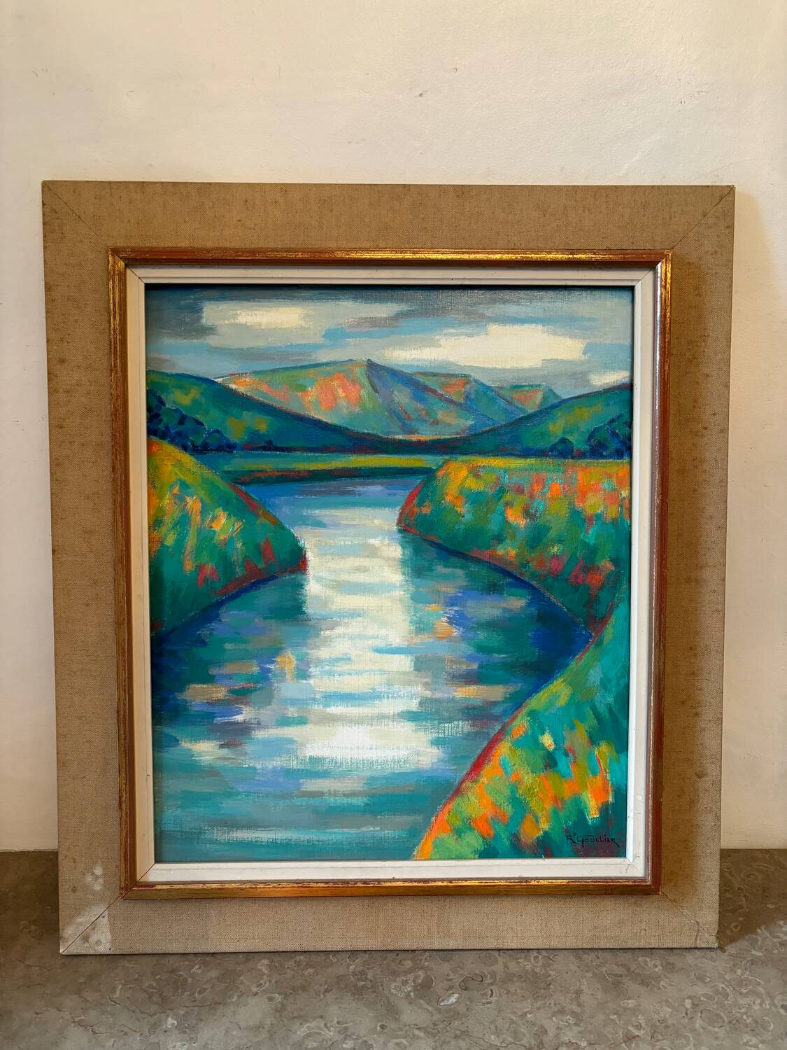 Lake and mountain landscape signed Godelier