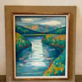 Lake and mountain landscape signed Godelier